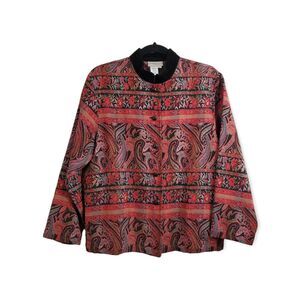 PM Coldwater Creek Tapestry Jacket USA made petite medium red black artsy floral